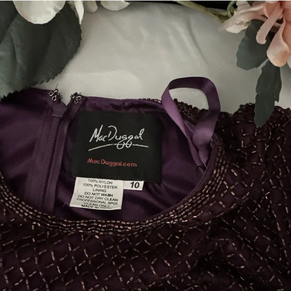NEW $398 Mac Duggal [ 10‎ ] Bugle Beaded Long Sleeve Midi Dress Abergine #Q487 - Picture 4 of 15